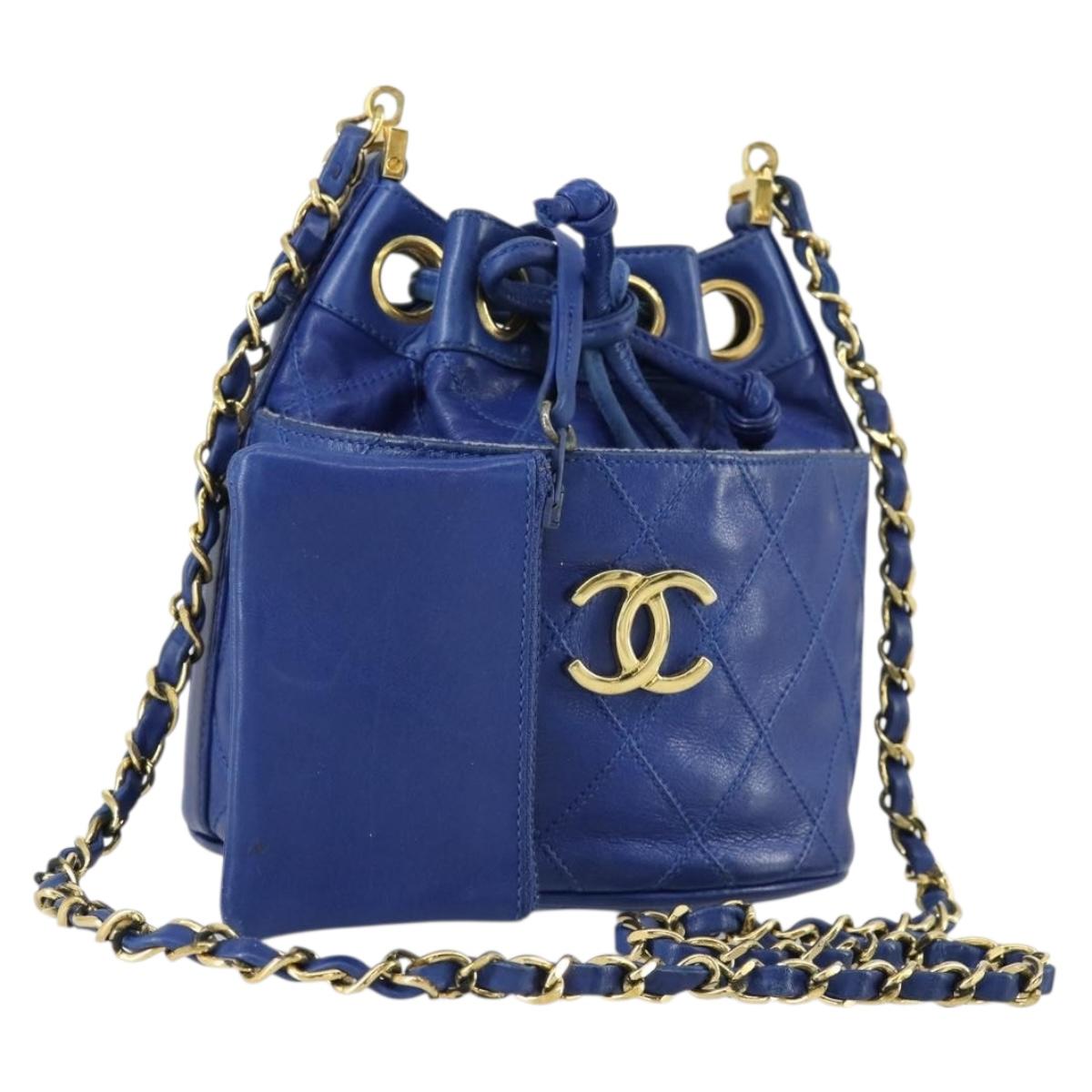 CHANEL Chain Bicolore Shoulder Bag Lamb Skin Blue Gold CC Auth 154630