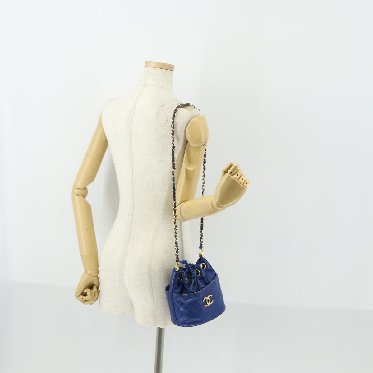 CHANEL Chain Bicolore Shoulder Bag Lamb Skin Blue Gold CC Auth 154630