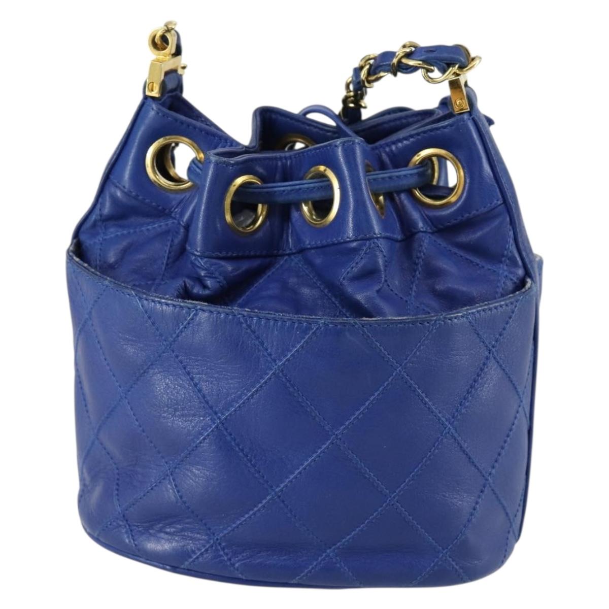 CHANEL Chain Bicolore Shoulder Bag Lamb Skin Blue Gold CC Auth 154630