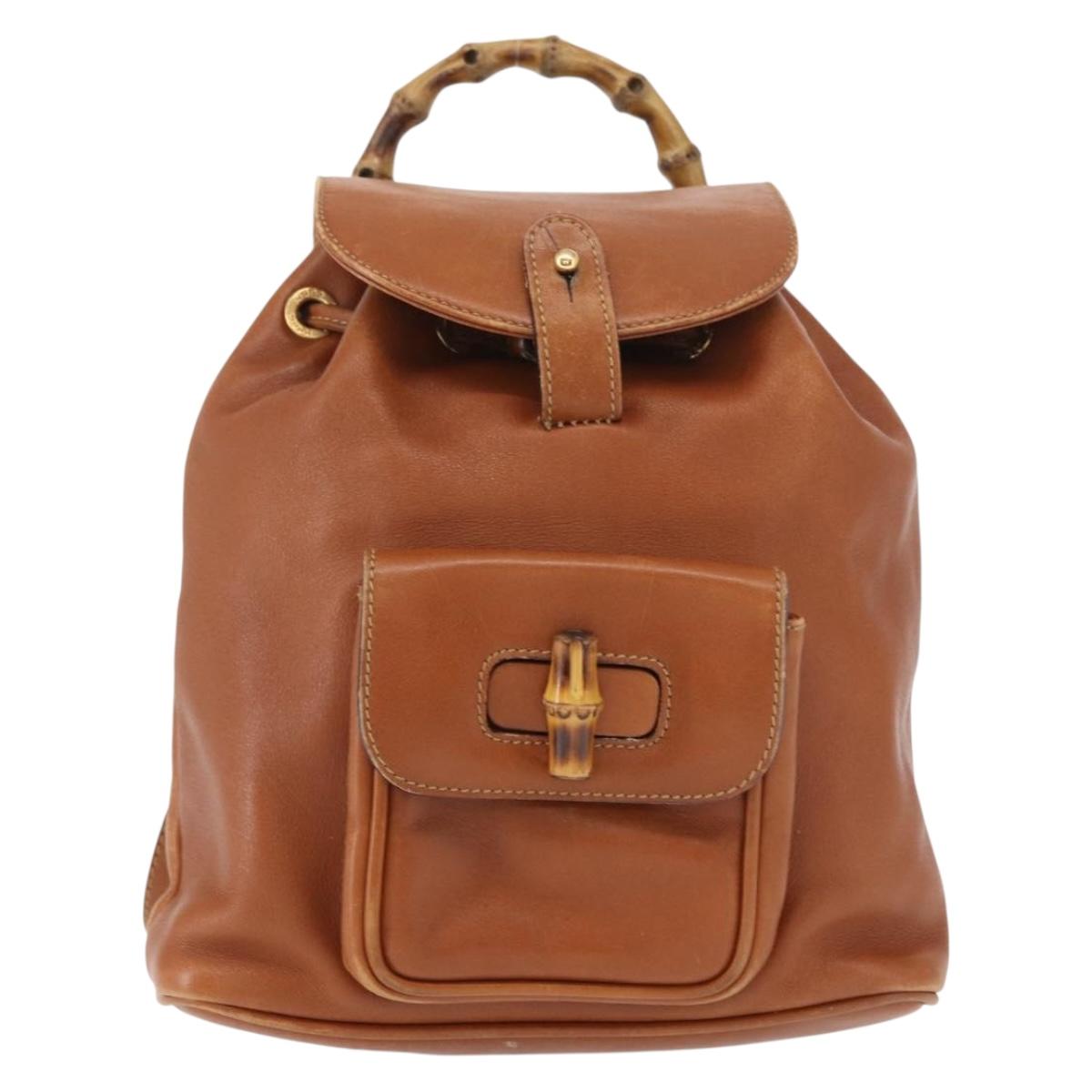 GUCCI Bamboo Backpack Leather Brown Gold Auth 154653