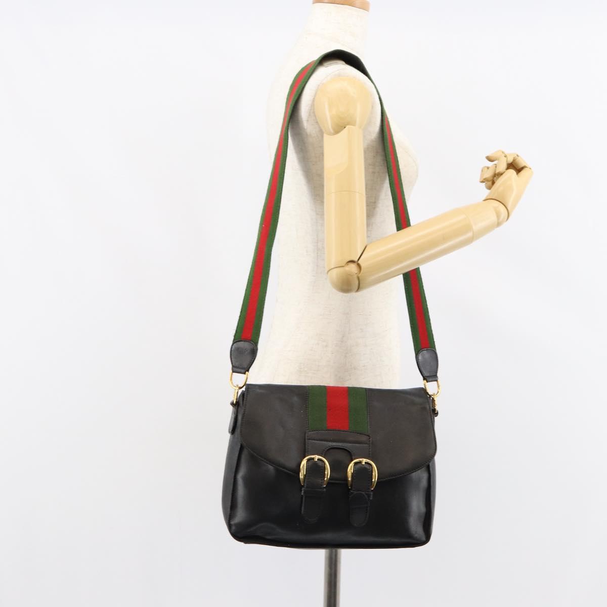 GUCCI Web Sherry Line Shoulder Bag Leather Black Gold Red Auth 154664