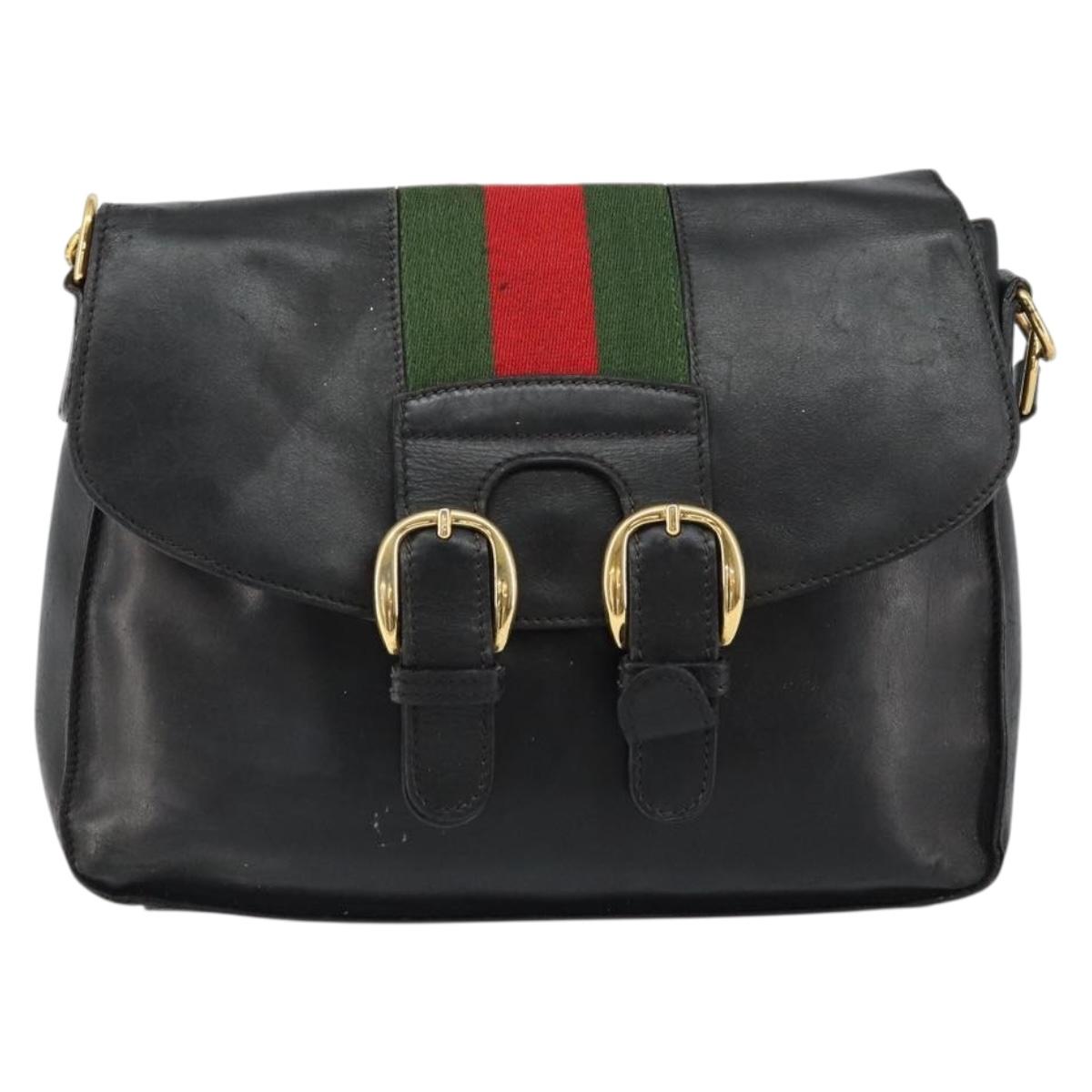 GUCCI Web Sherry Line Shoulder Bag Leather Black Gold Red Auth 154664