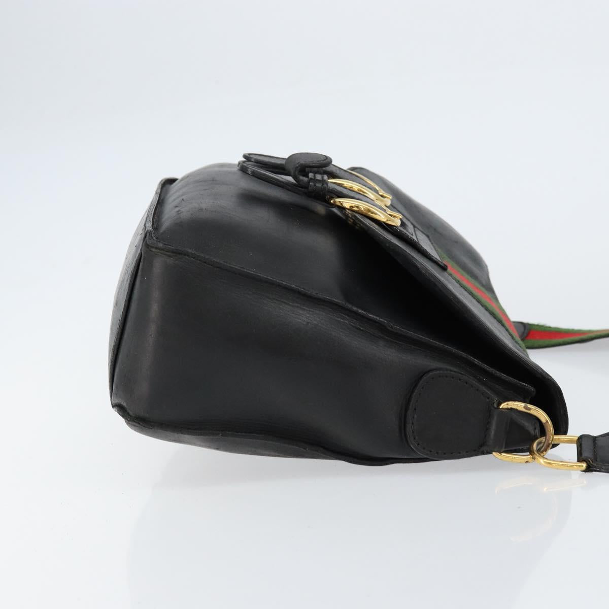 GUCCI Web Sherry Line Shoulder Bag Leather Black Gold Red Auth 154664