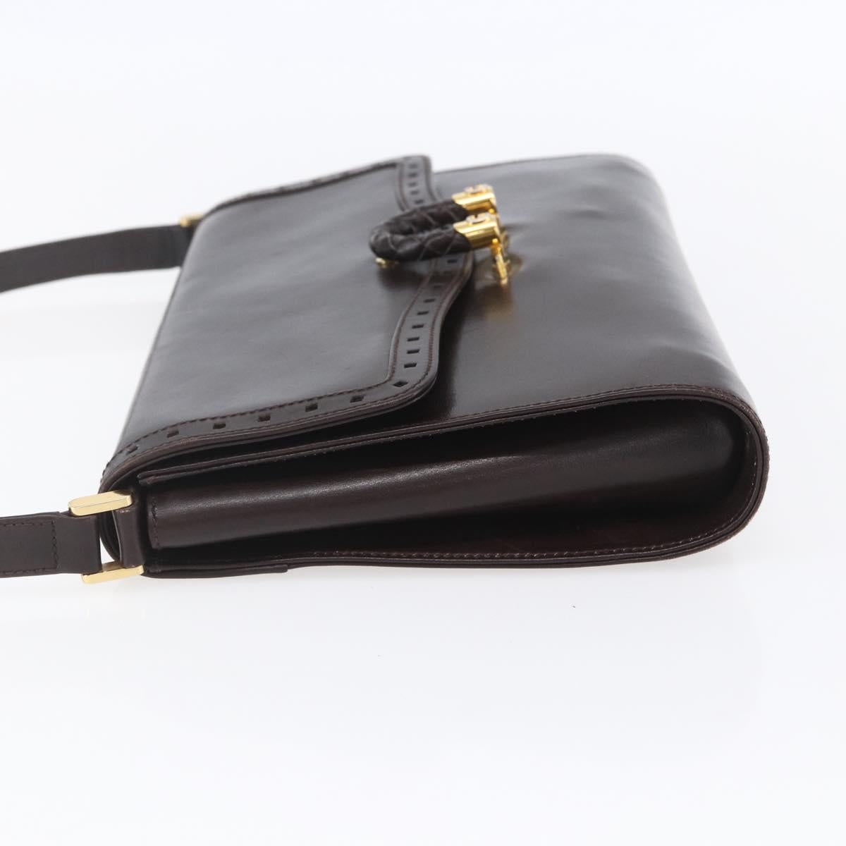 GUCCI Shoulder Bag Leather Brown Gold Auth 154665