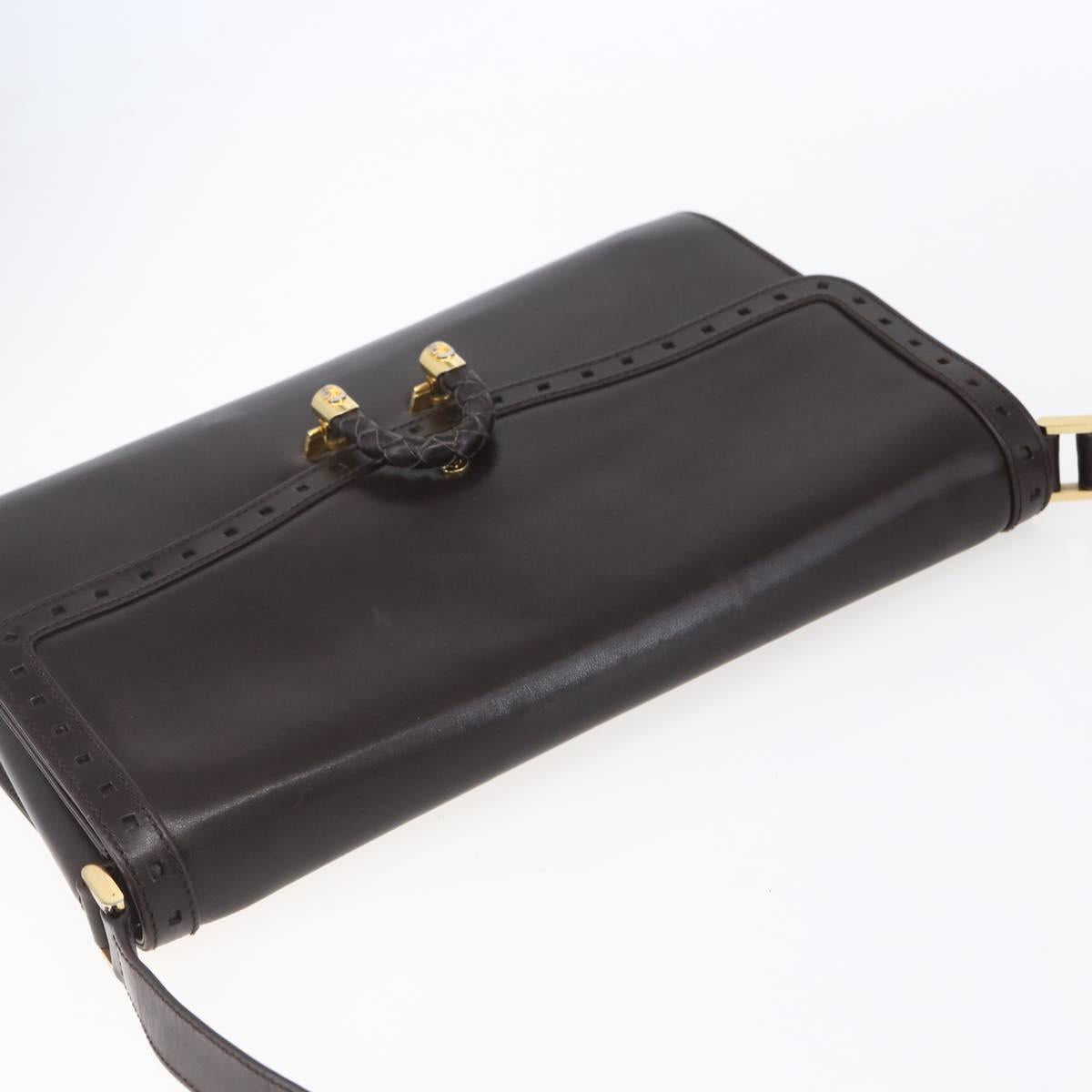 GUCCI Shoulder Bag Leather Brown Gold Auth 154665