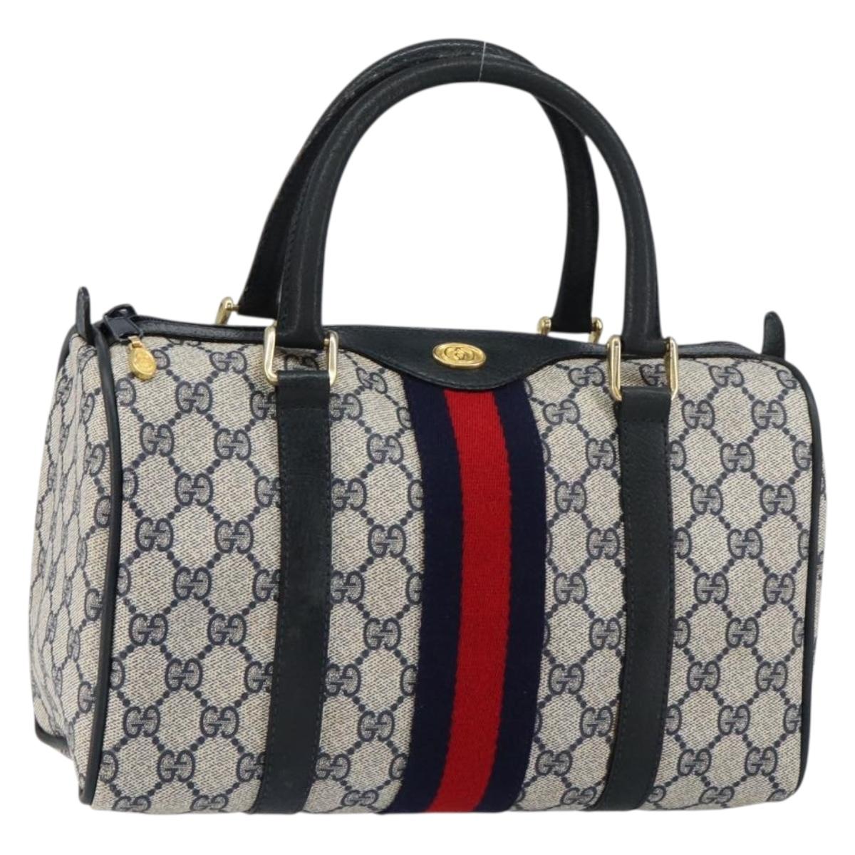 GUCCI GG Supreme Sherry Line Boston Bag PVC Navy Gold 378 012 3841 Auth 154670