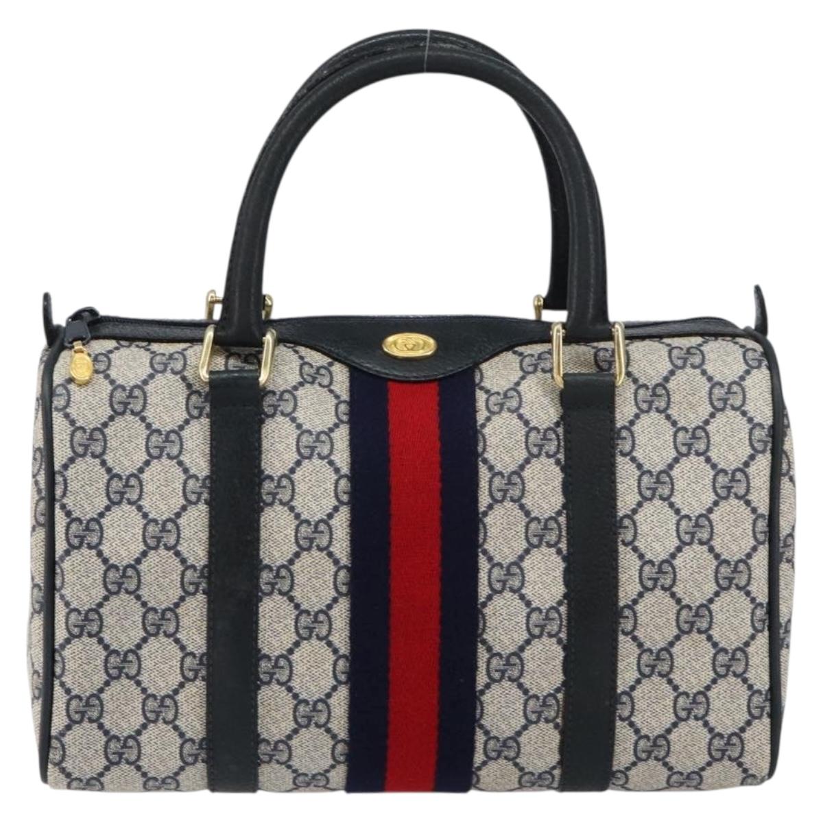 GUCCI GG Supreme Sherry Line Boston Bag PVC Navy Gold 378 012 3841 Auth 154670