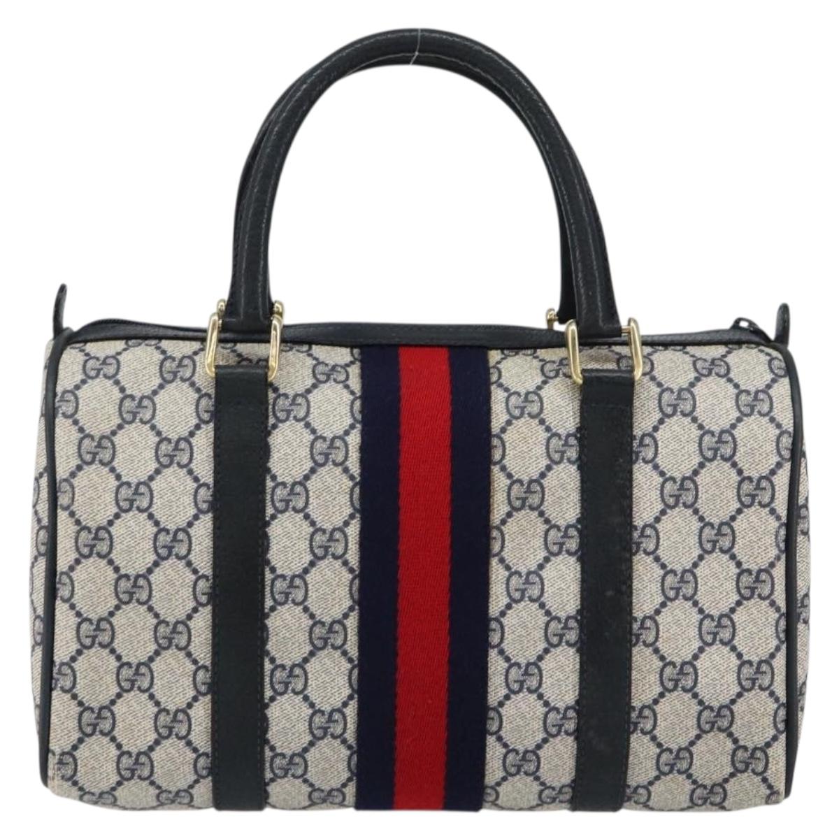 GUCCI GG Supreme Sherry Line Boston Bag PVC Navy Gold 378 012 3841 Auth 154670
