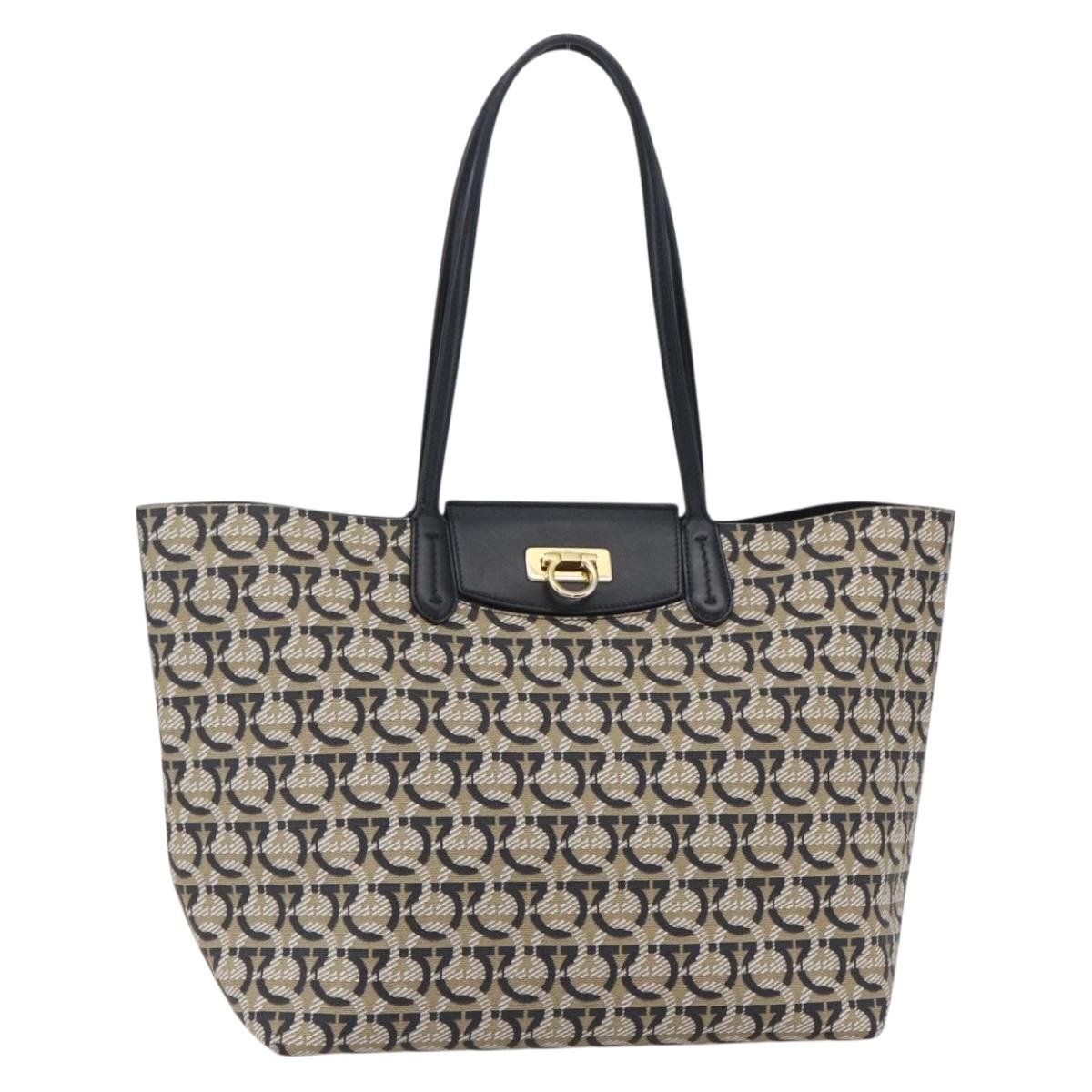 Salvatore Ferragamo Gancini Tote Bag Canvas Navy Gold Auth 154673