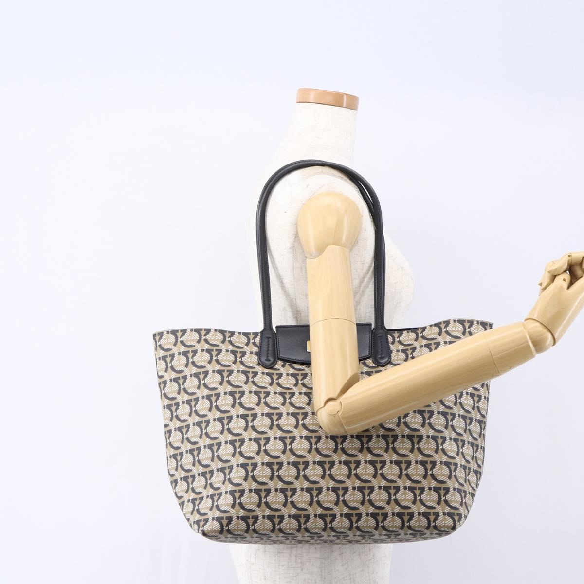 Salvatore Ferragamo Gancini Tote Bag Canvas Navy Gold Auth 154673