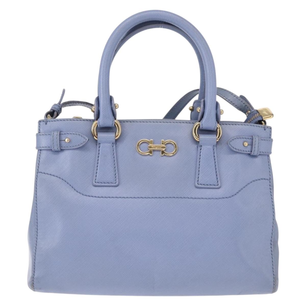Salvatore Ferragamo Gancini Hand Bag Leather 2way Light Blue Gold Auth 154674