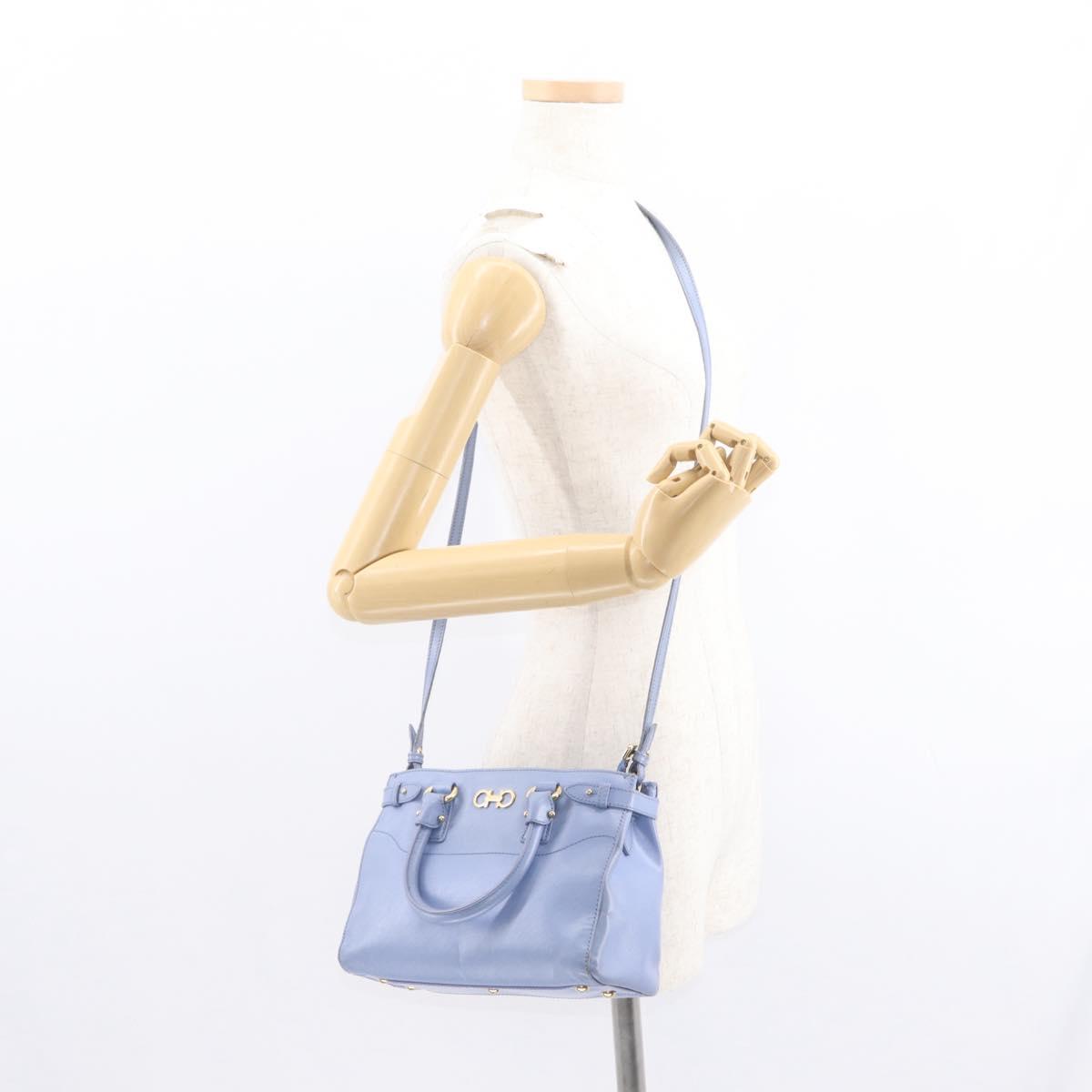 Salvatore Ferragamo Gancini Hand Bag Leather 2way Light Blue Gold Auth 154674