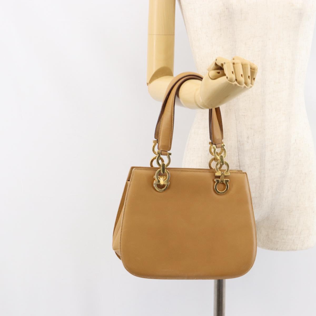 Salvatore Ferragamo Gancini Hand Bag Leather Beige Gold Auth 154675