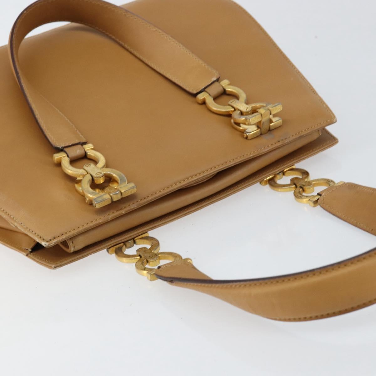 Salvatore Ferragamo Gancini Hand Bag Leather Beige Gold Auth 154675