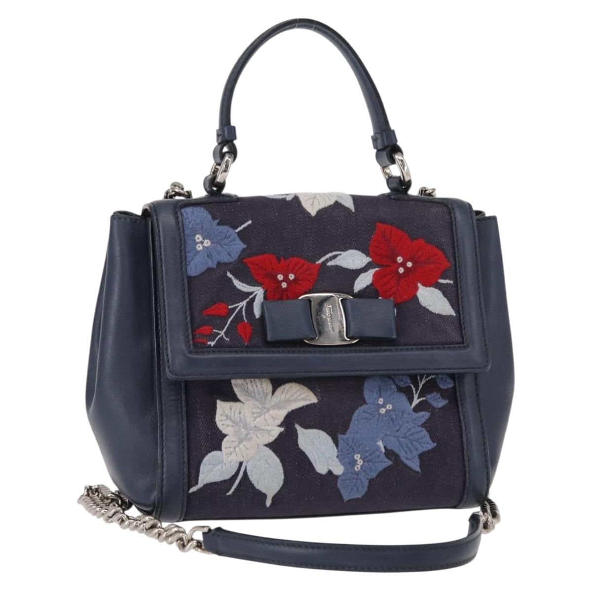 Salvatore Ferragamo Vala Hand Bag Denim 2way Navy Silver Auth 154676V