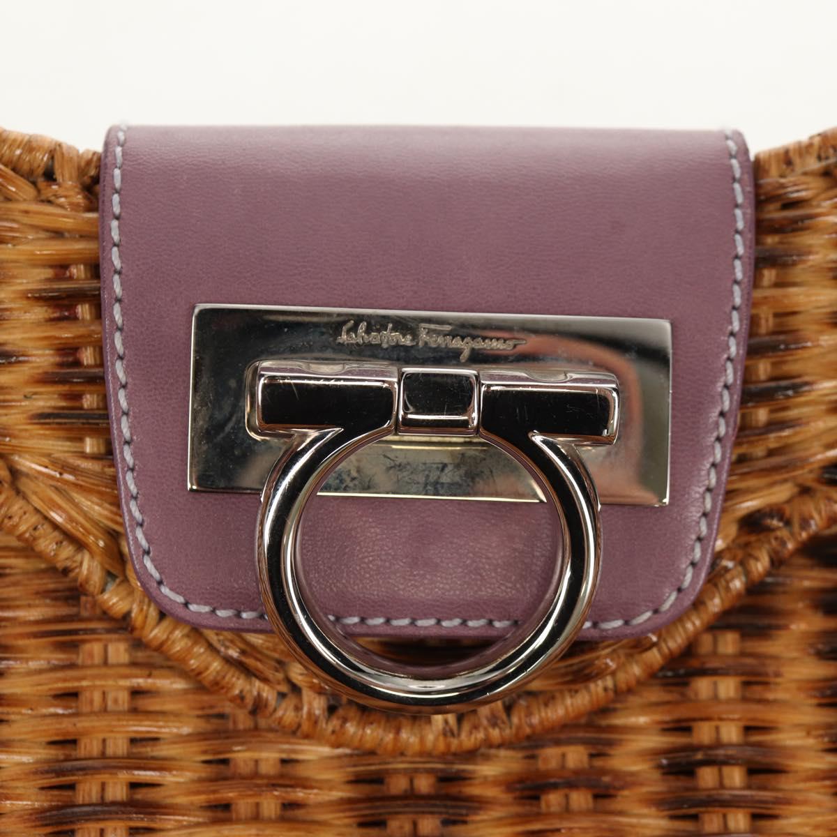 Salvatore Ferragamo Gancini Hand Bag Rattan Beige Silver Auth 154682A