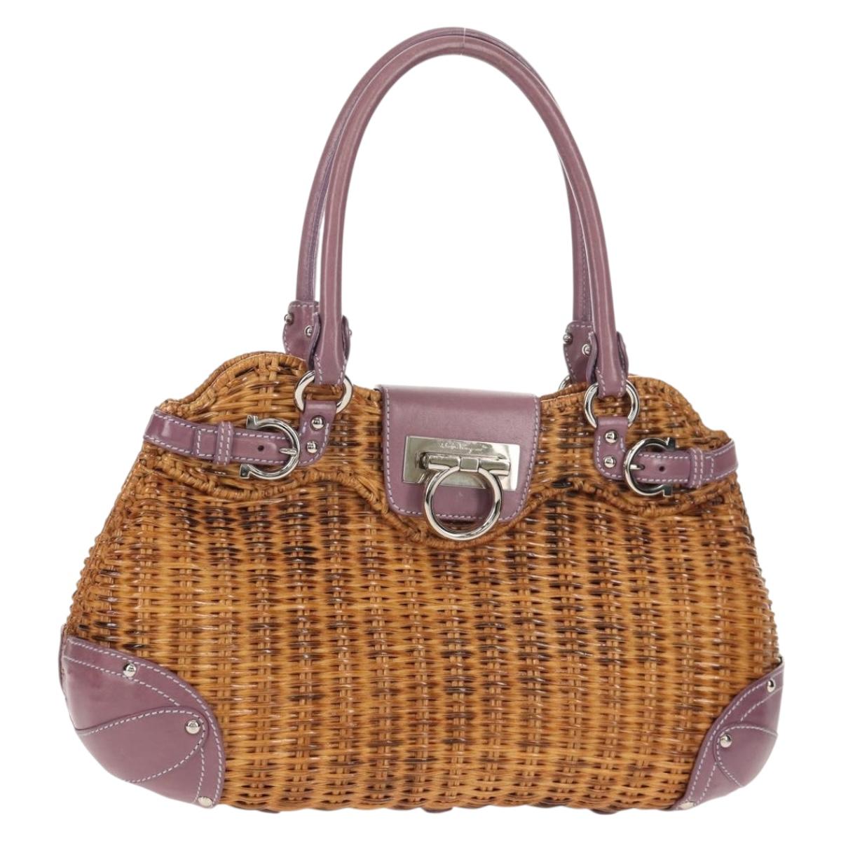 Salvatore Ferragamo Gancini Hand Bag Rattan Beige Silver Auth 154682V