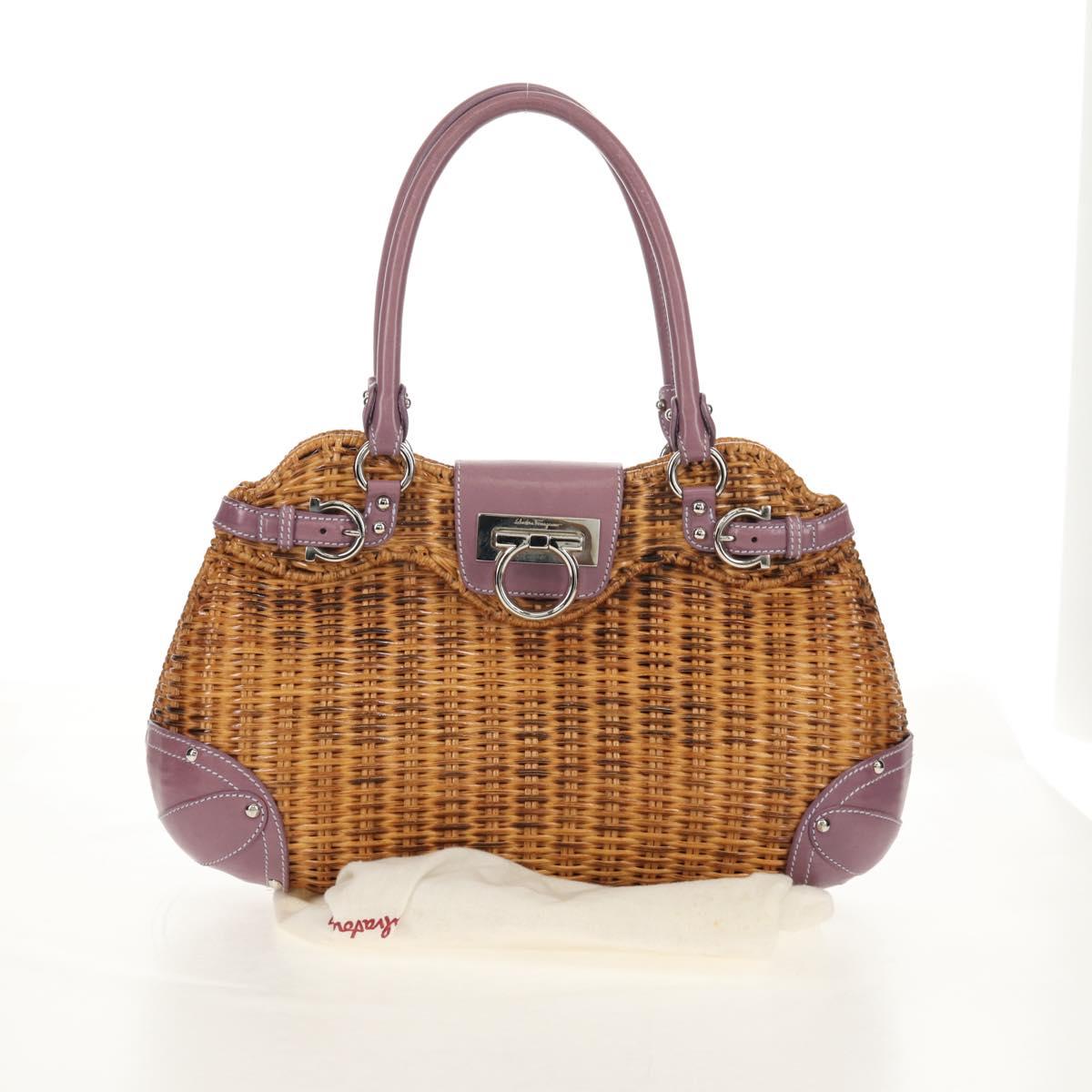 Salvatore Ferragamo Gancini Hand Bag Rattan Beige Silver Auth 154682V