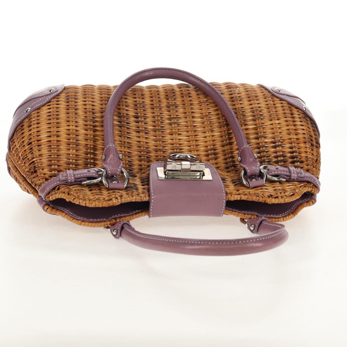 Salvatore Ferragamo Gancini Hand Bag Rattan Beige Silver Auth 154682V