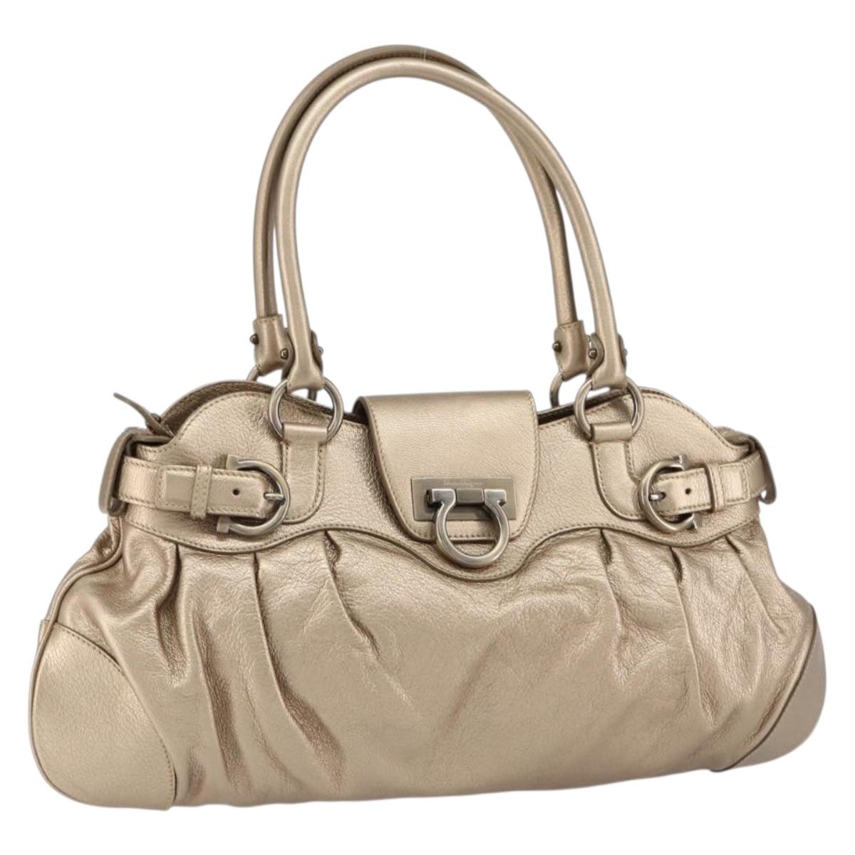 Salvatore Ferragamo Gancini Hand Bag Leather Gold Auth 154684