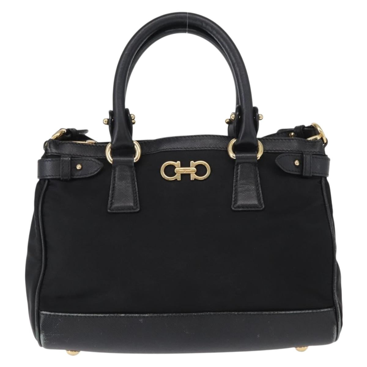 Salvatore Ferragamo Gancini Hand Bag Nylon 2way Black Gold Auth 154686