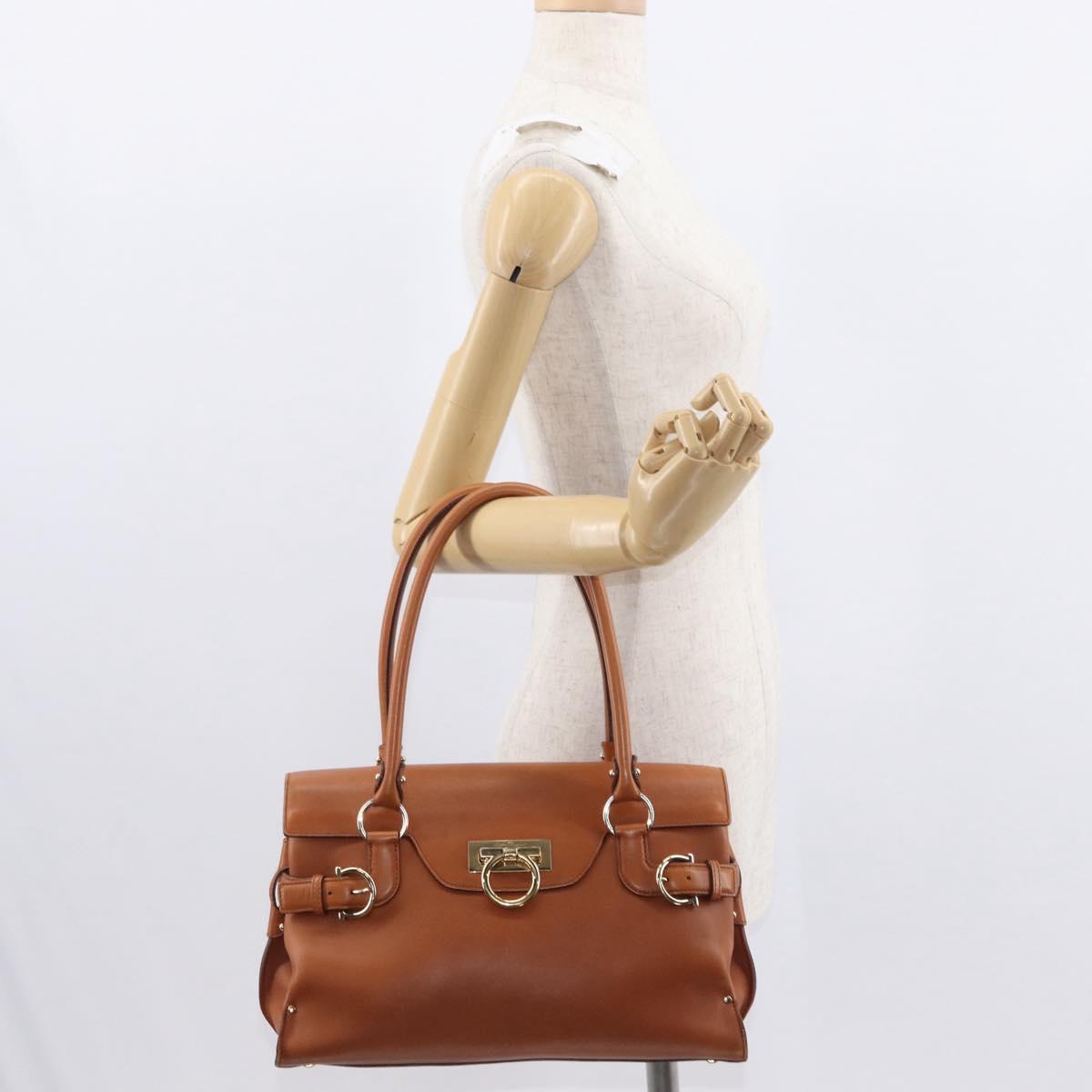 Salvatore Ferragamo Gancini Shoulder Bag Leather Brown Gold Auth 154688