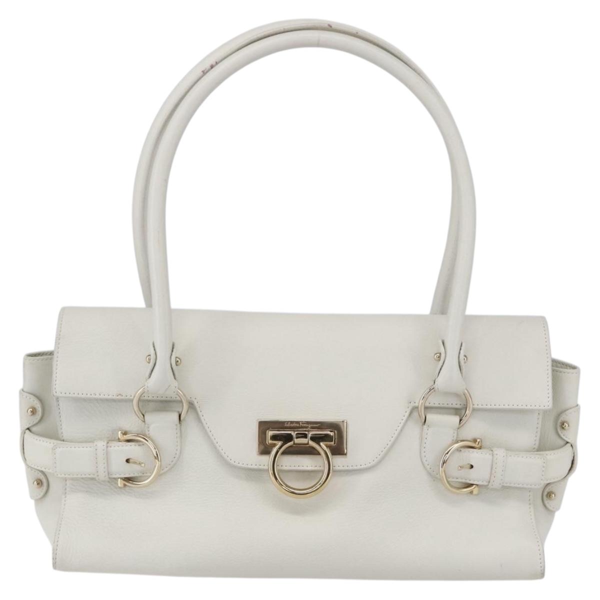 Salvatore Ferragamo Gancini Shoulder Bag Leather White Gold Auth 154689
