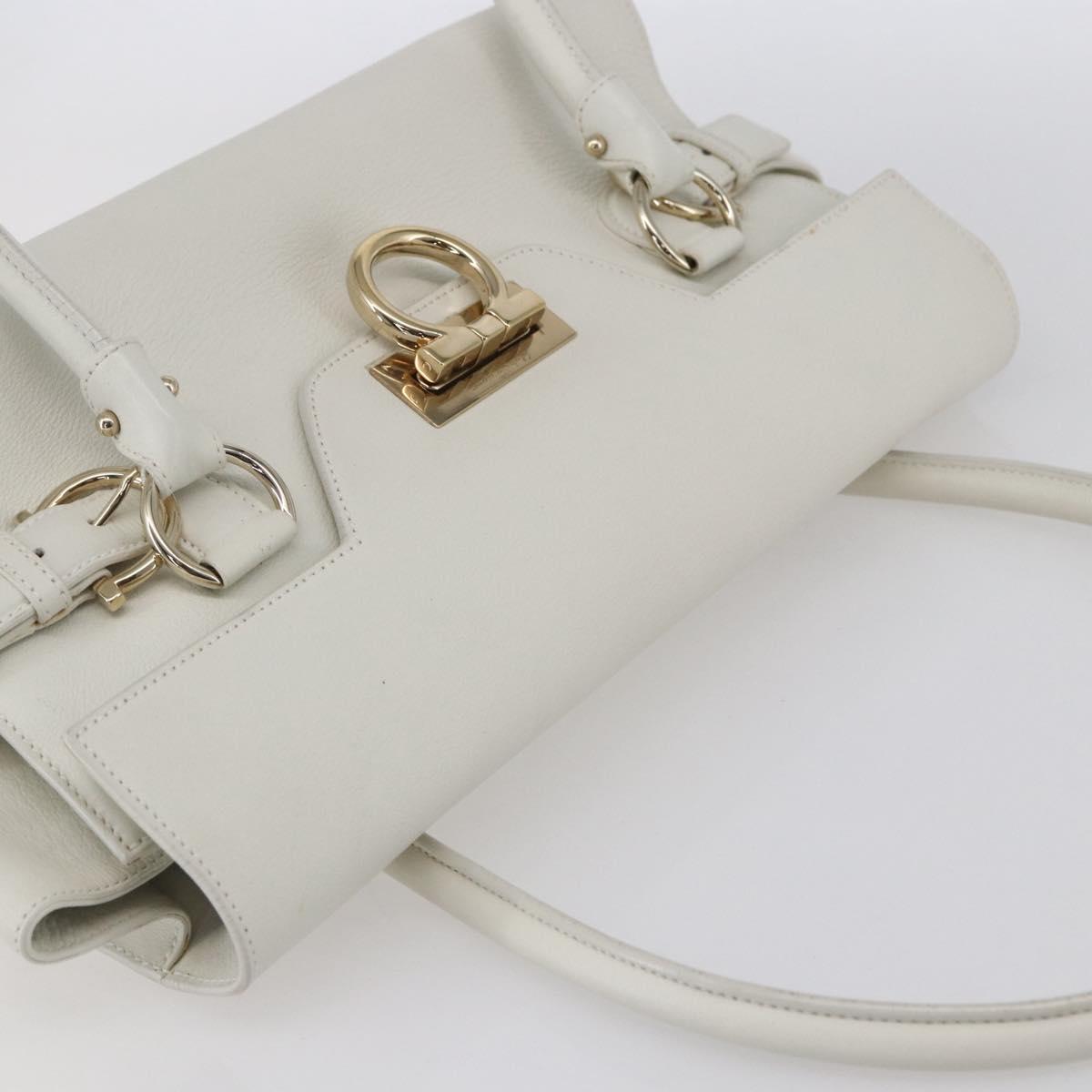Salvatore Ferragamo Gancini Shoulder Bag Leather White Gold Auth 154689