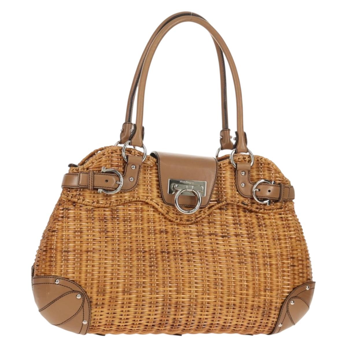 Salvatore Ferragamo Gancini Hand Bag Rattan Beige Silver Auth 154690V