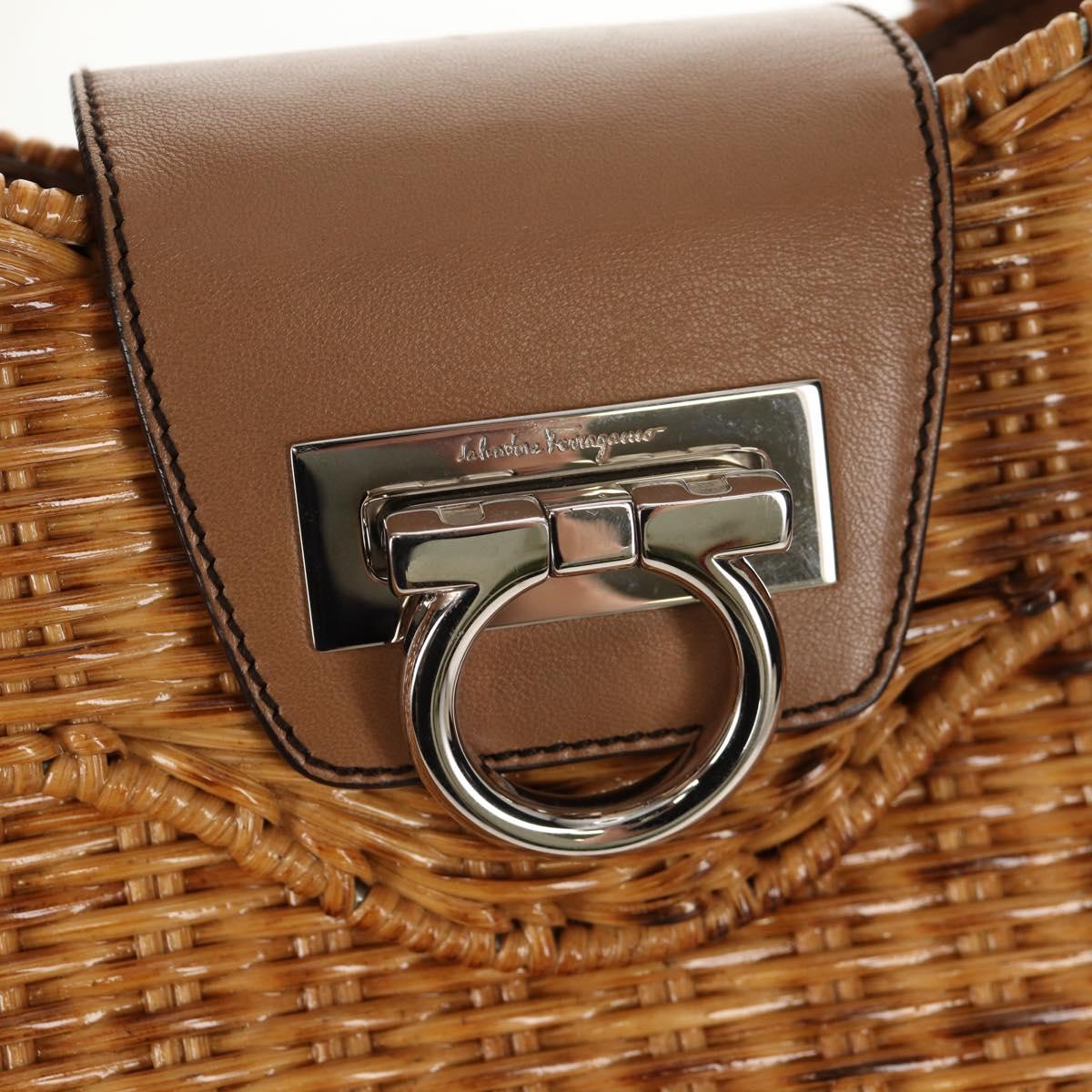 Salvatore Ferragamo Gancini Hand Bag Rattan Beige Silver Auth 154690V