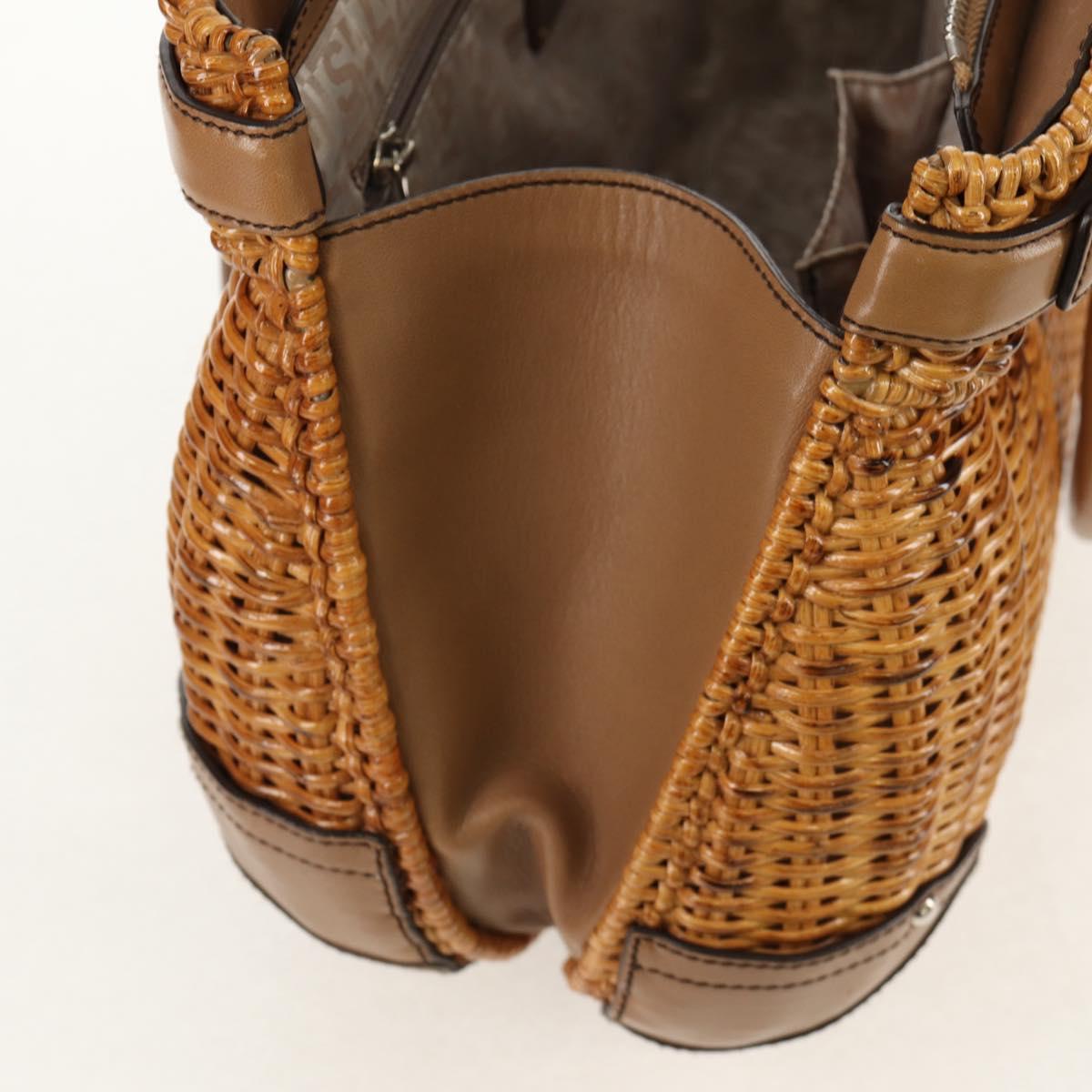 Salvatore Ferragamo Gancini Hand Bag Rattan Beige Silver Auth 154690A