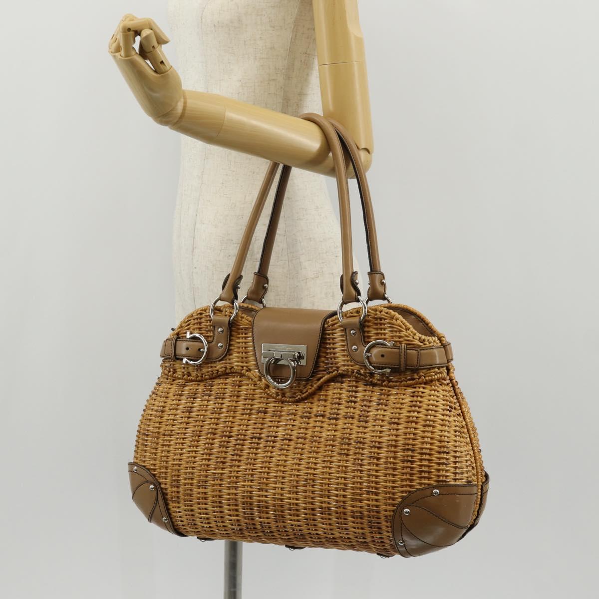 Salvatore Ferragamo Gancini Hand Bag Rattan Beige Silver Auth 154690V