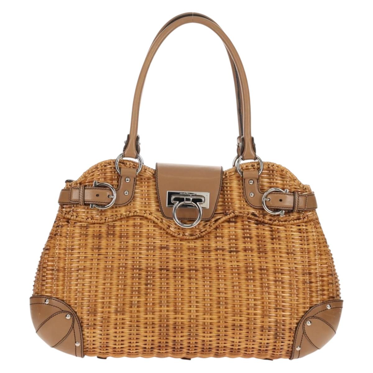 Salvatore Ferragamo Gancini Hand Bag Rattan Beige Silver Auth 154690V