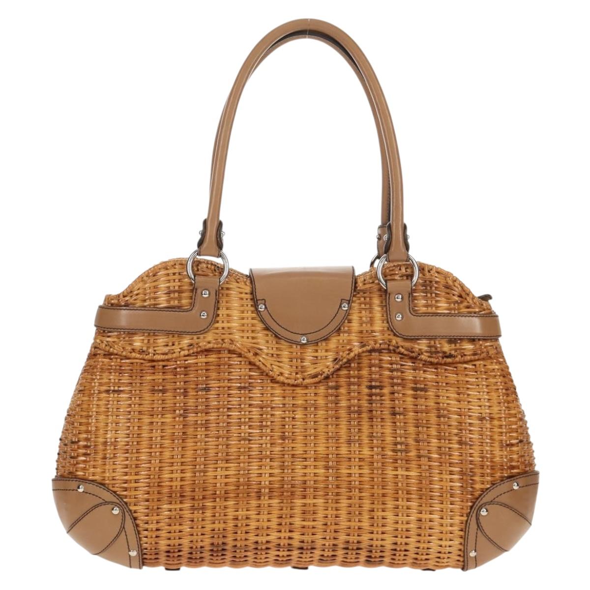 Salvatore Ferragamo Gancini Hand Bag Rattan Beige Silver Auth 154690V