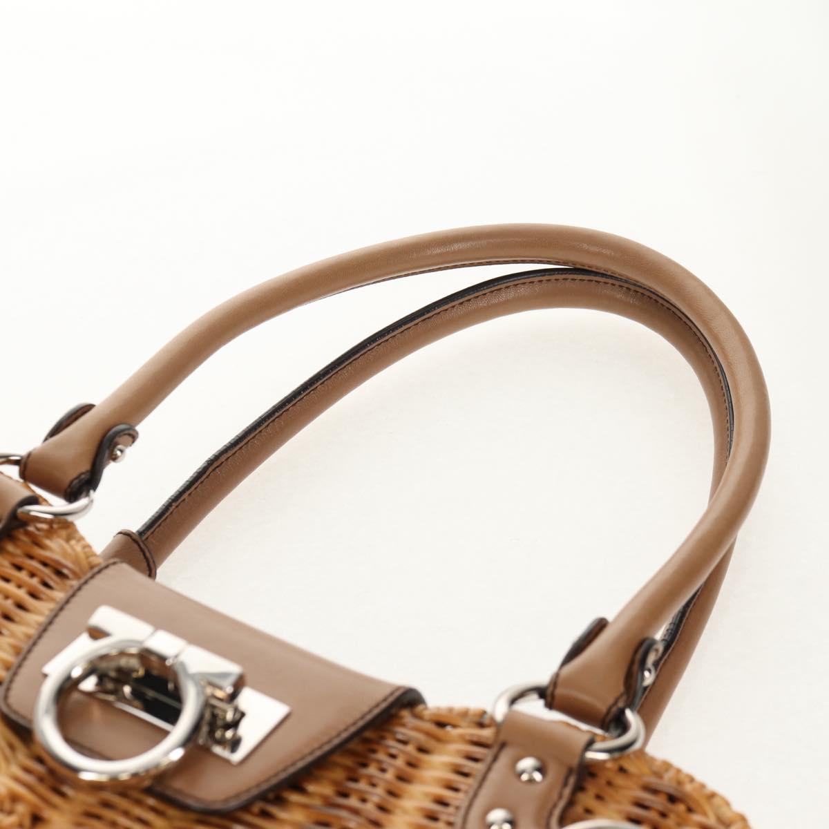 Salvatore Ferragamo Gancini Hand Bag Rattan Beige Silver Auth 154690V