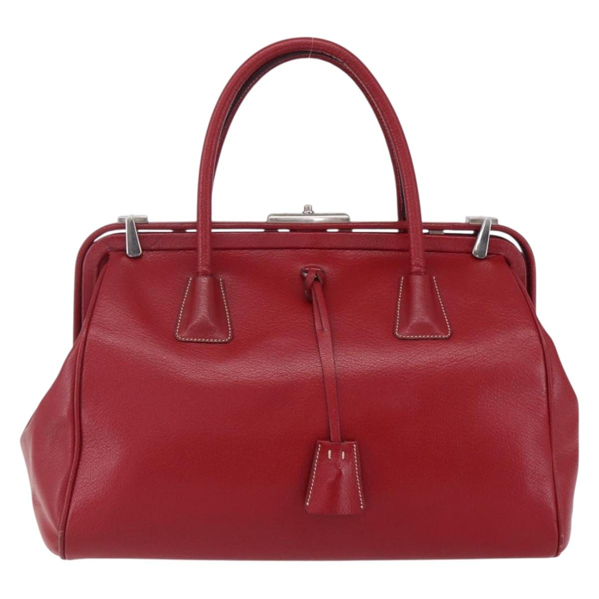 PRADA Hand Bag Leather Red Silver Auth 154691