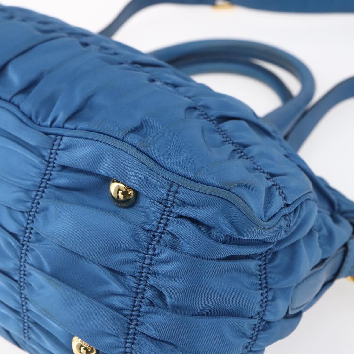 PRADA Gathered Hand Bag Nylon 2way Blue Gold Auth 154697