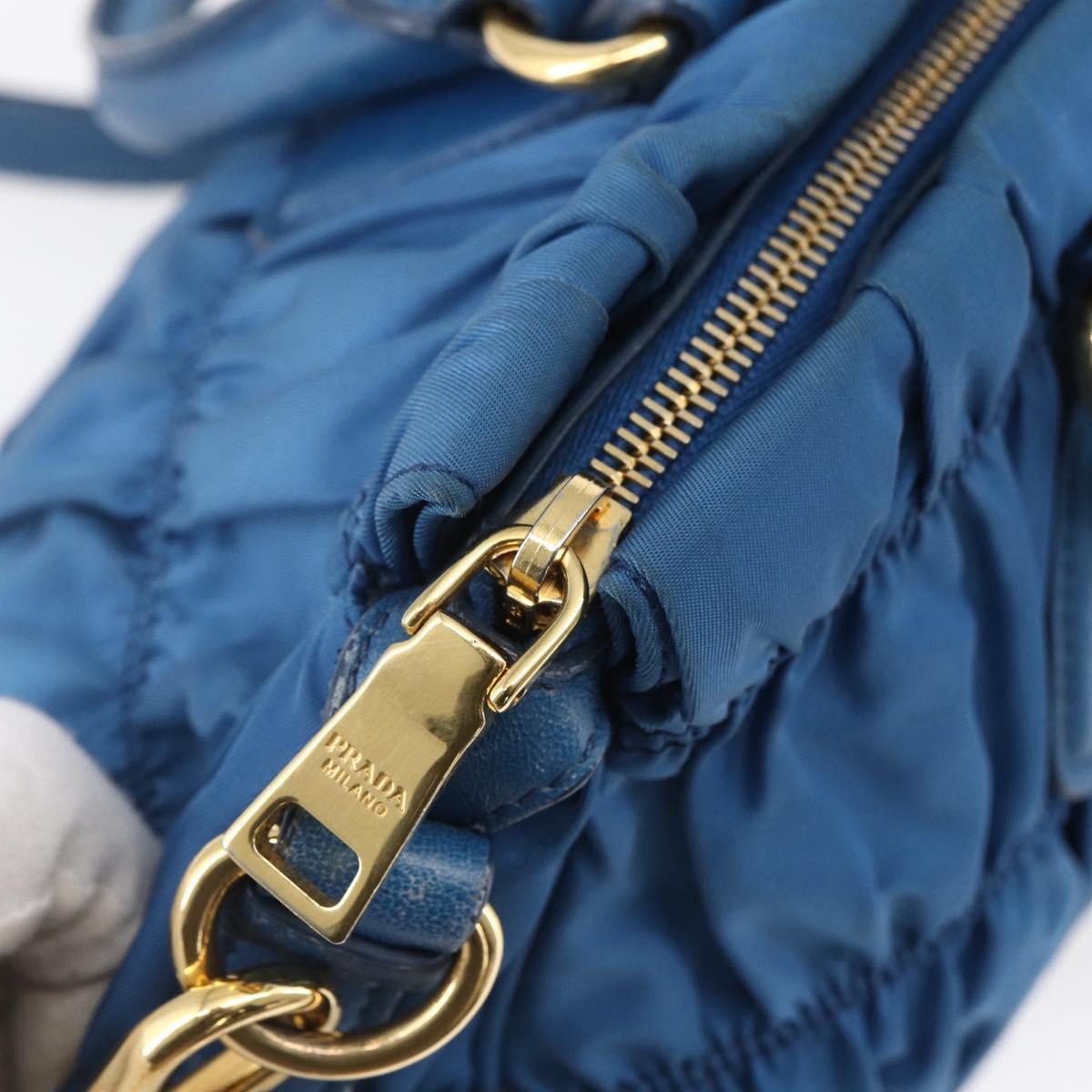 PRADA Gathered Hand Bag Nylon 2way Blue Gold Auth 154697