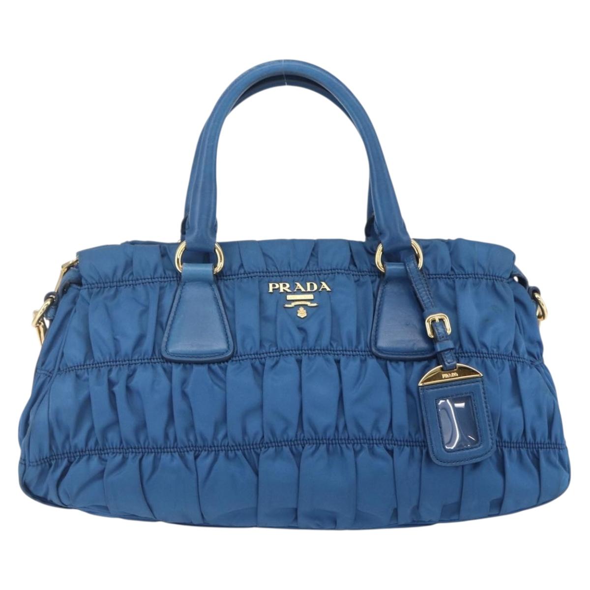 PRADA Gathered Hand Bag Nylon 2way Blue Gold Auth 154697