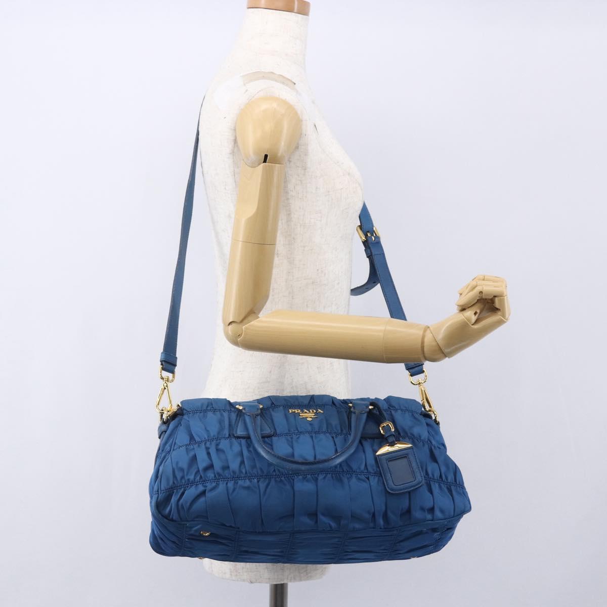PRADA Gathered Hand Bag Nylon 2way Blue Gold Auth 154697