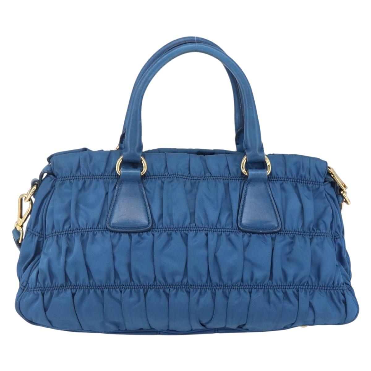 PRADA Gathered Hand Bag Nylon 2way Blue Gold Auth 154697