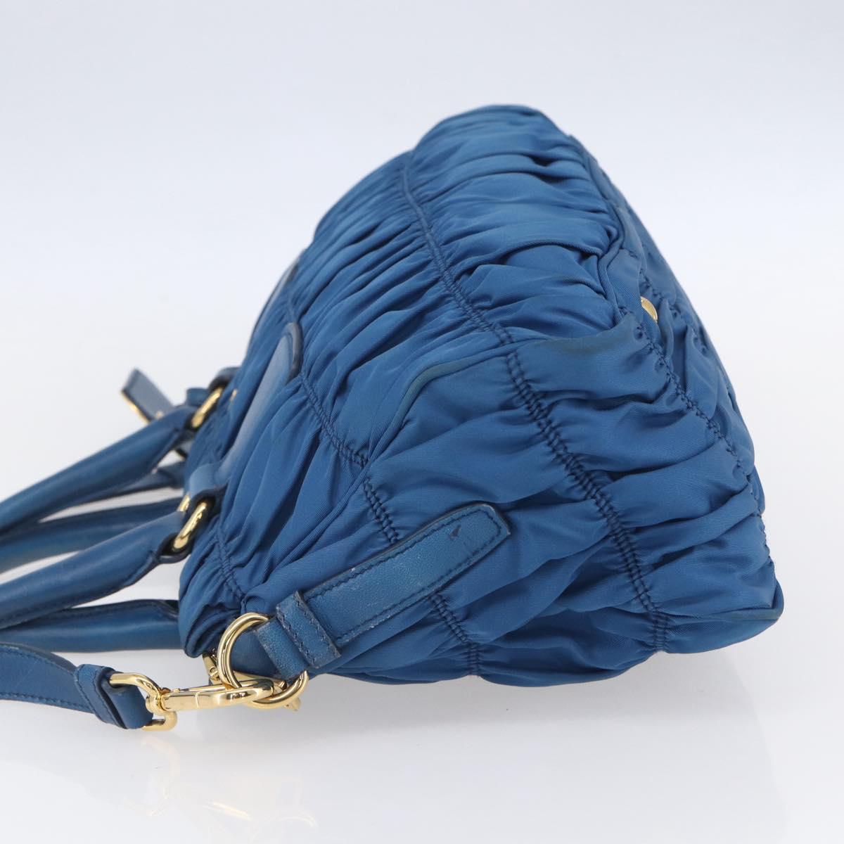 PRADA Gathered Hand Bag Nylon 2way Blue Gold Auth 154697