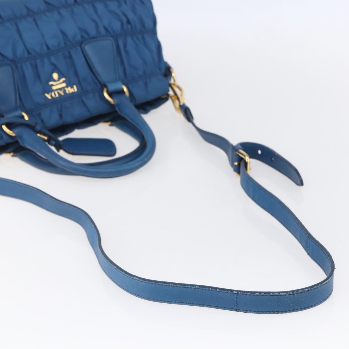 PRADA Gathered Hand Bag Nylon 2way Blue Gold Auth 154697
