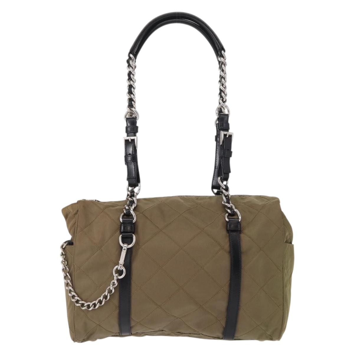 PRADA Chain Shoulder Bag Nylon Beige Silver Auth 154698