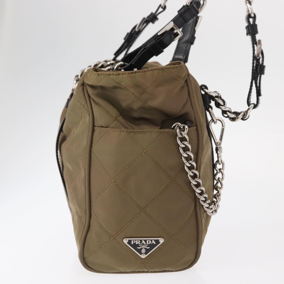PRADA Chain Shoulder Bag Nylon Beige Silver Auth 154698