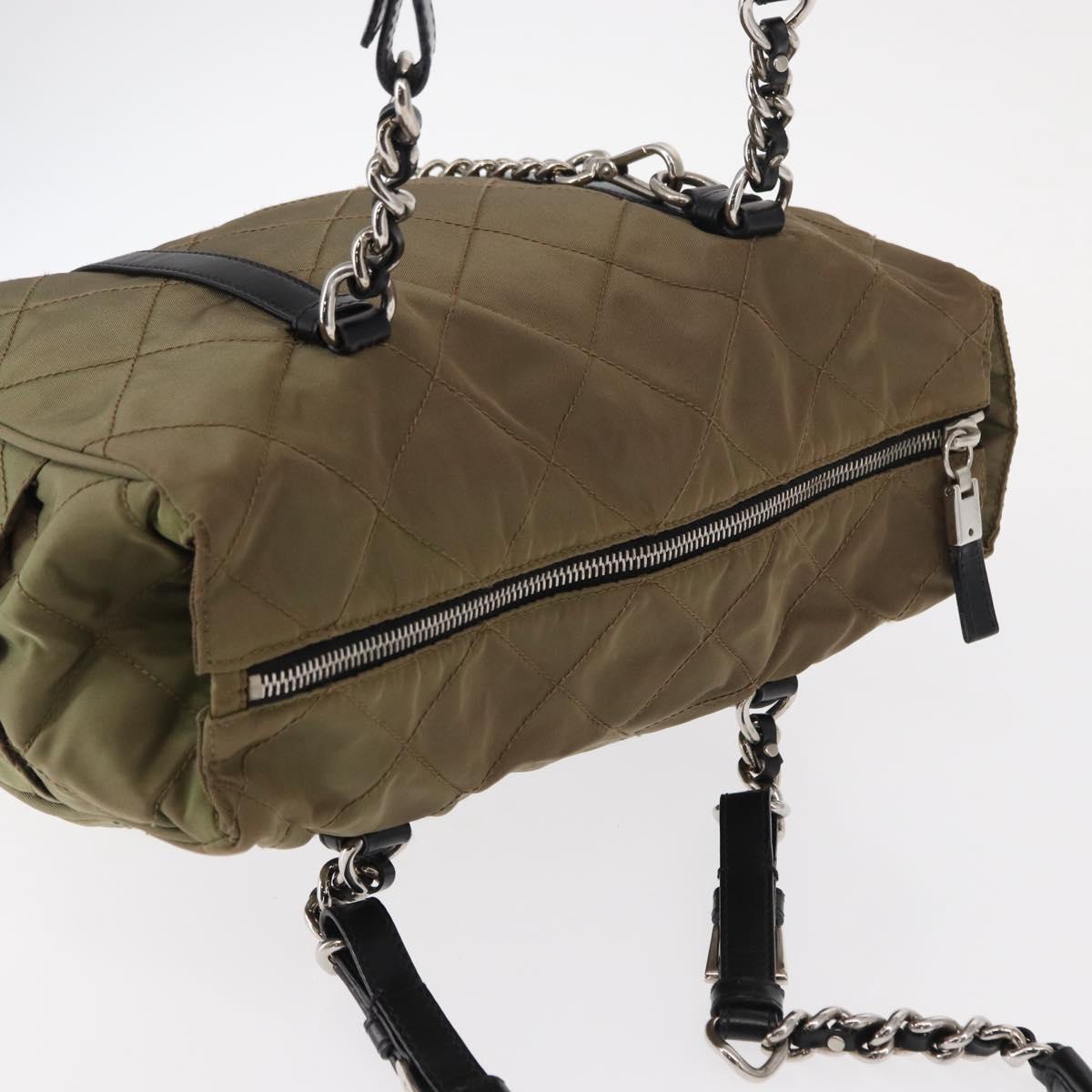 PRADA Chain Shoulder Bag Nylon Beige Silver Auth 154698