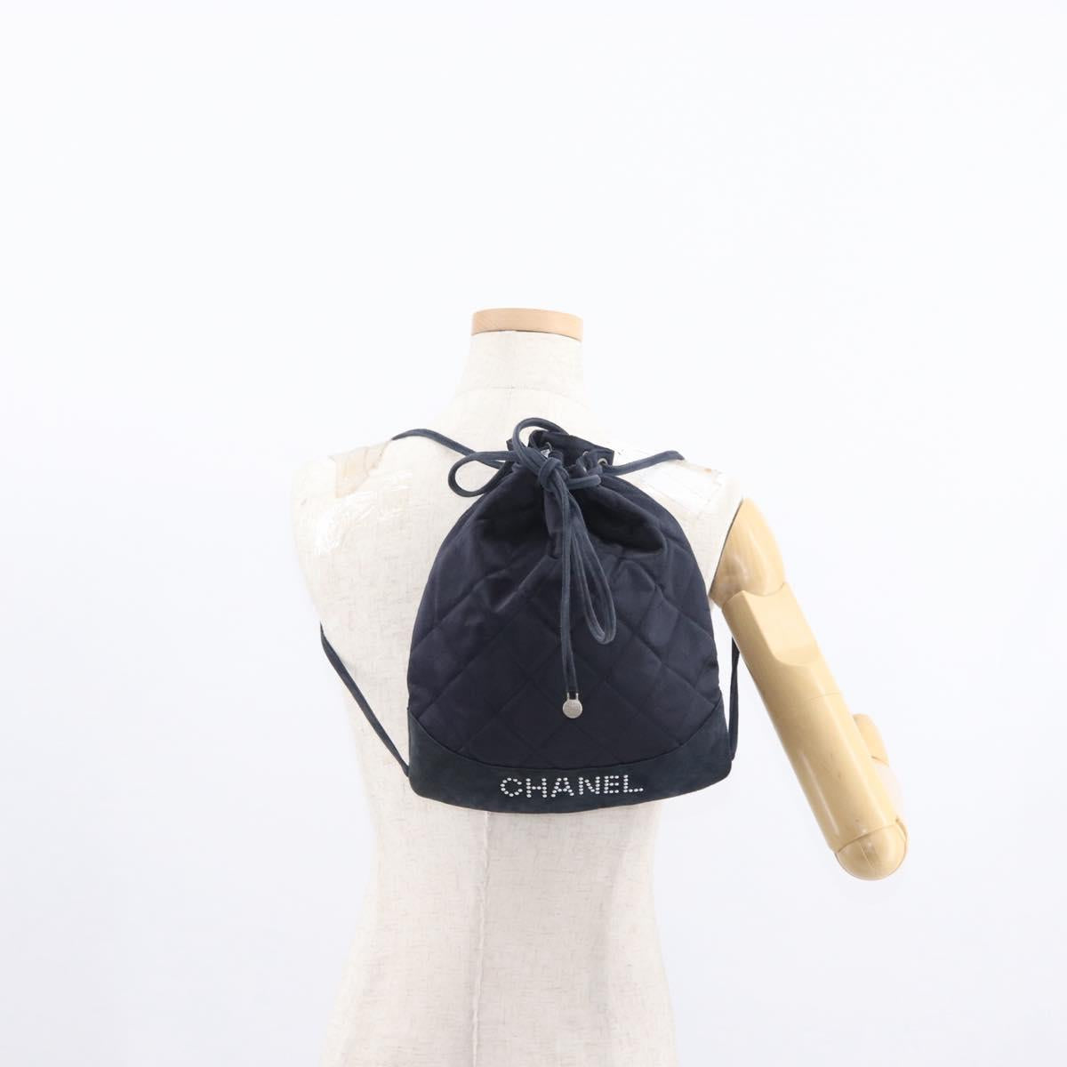 CHANEL Matelasse Backpack Satin Navy CC Auth 154704