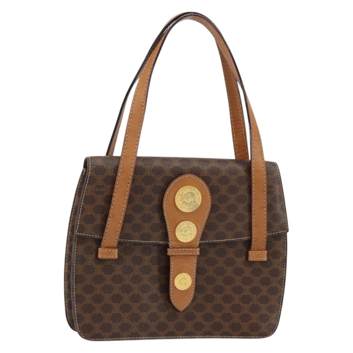 CELINE Macadam Canvas Medallion Hand Bag PVC Leather Brown Gold Auth 154716