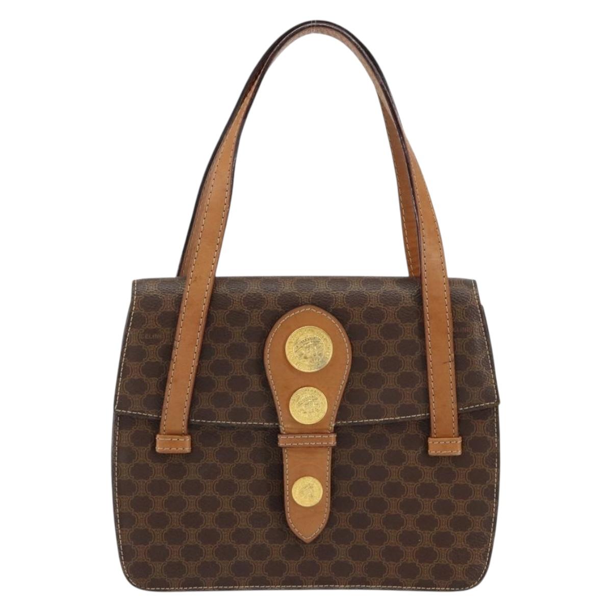 CELINE Macadam Canvas Medallion Hand Bag PVC Leather Brown Gold Auth 154716
