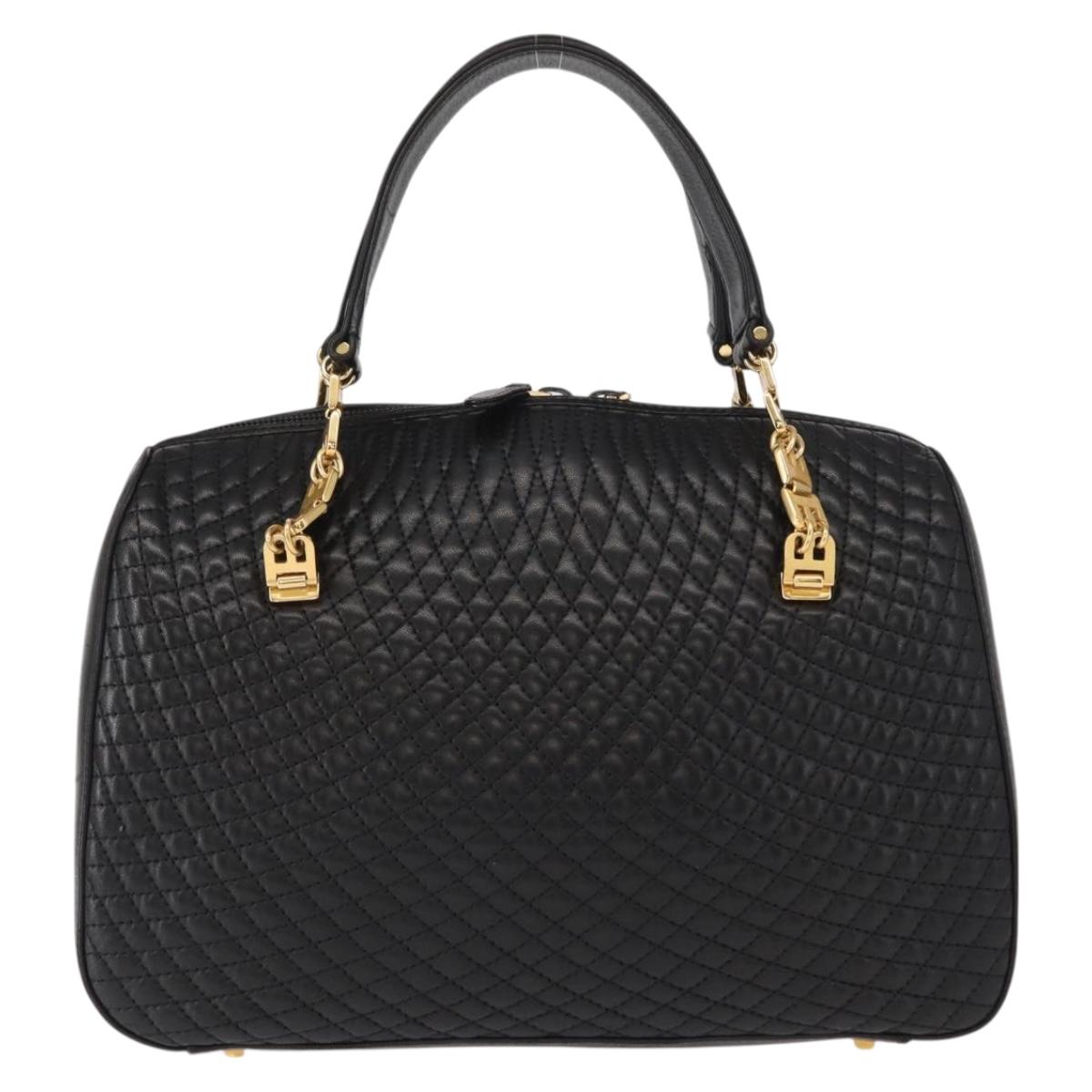BALLY Quilted Hand Bag Leather Black Gold Auth 154728